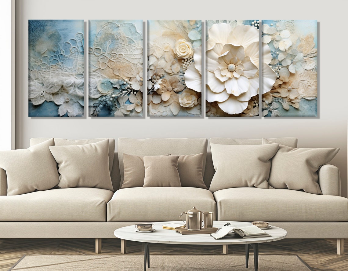 White 3D Blossoms Lace Powder Blue Floral Panoramic Bedroom Wall Art - Image 3