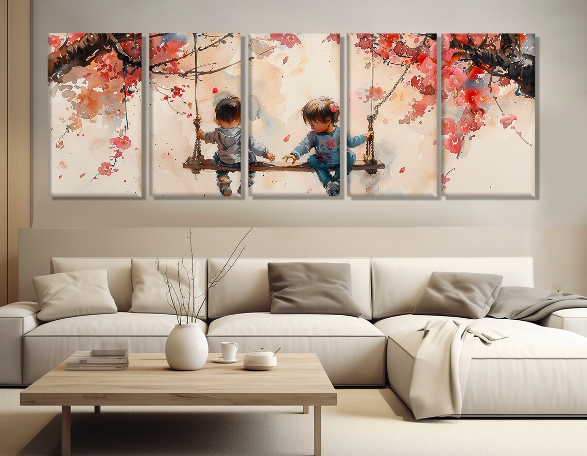 Toddlers On Wooden Swing Under Cherry Blossom Tree Watercolor Poster - Image 2