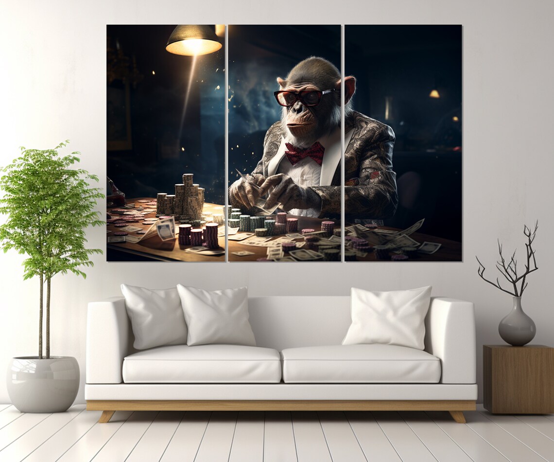 Monkey Playing Poker Suit Bow Tie Glasses Casino Night Wall Art Poster - Image 2