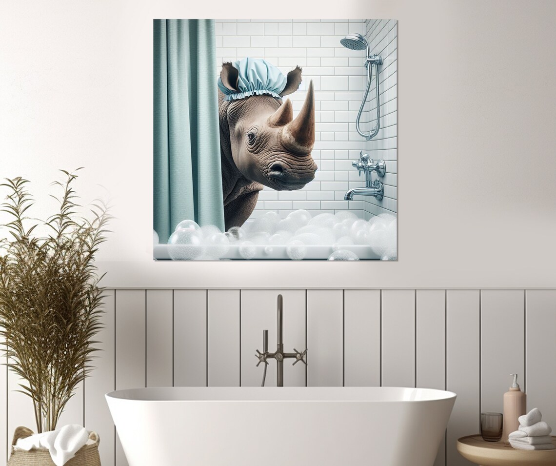 Gentle Rhino With Blue Shower Cap Peeking From Shower Curtain Poster - Image 3