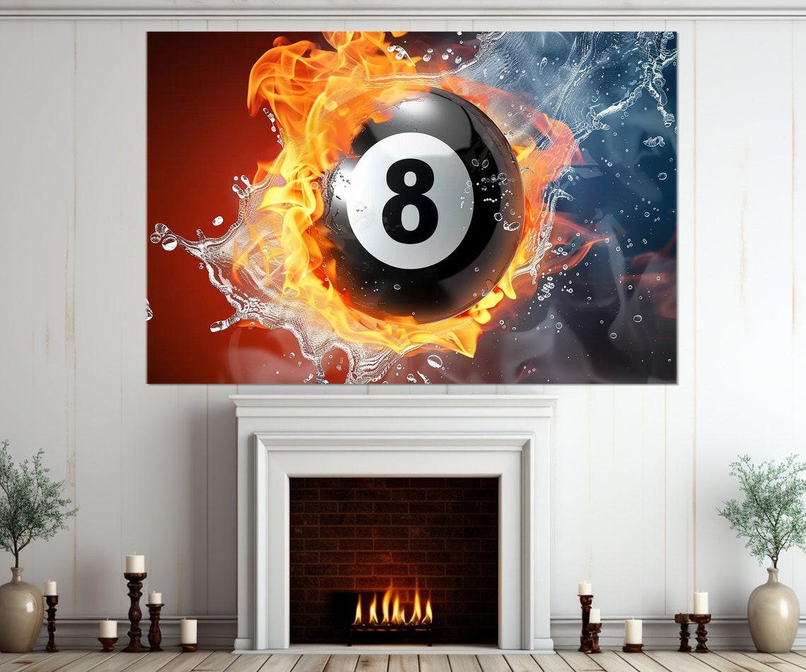 Flaming 8 Ball Billiards Fire Water Splash Split Canvas Wall Poster - Image 2