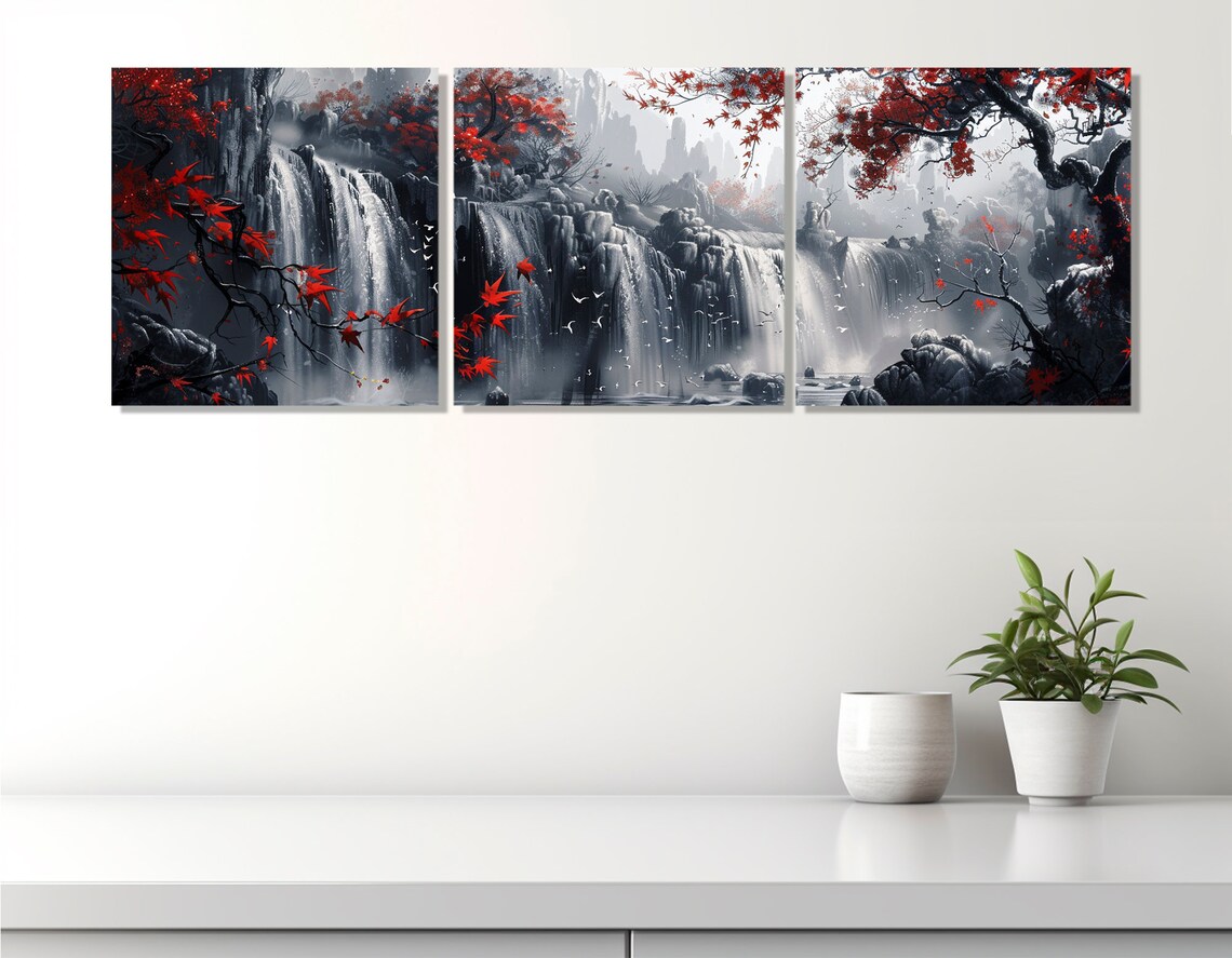 Abstract Waterfall and Red Trees Art Print, Black and White - Image 4