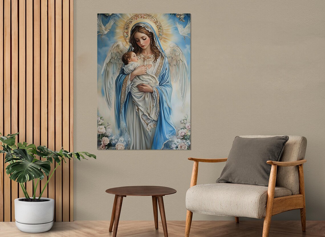 Madonna And Child Angel Wings Roses Heavenly Catholic Painting Poster - Image 2