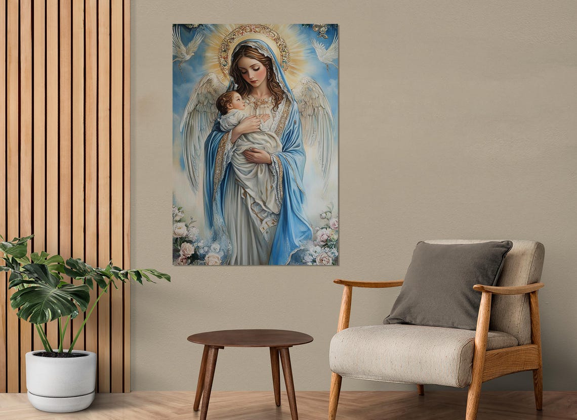 Mary Mother Of Jesus Print The Virgin Mary With Jesus Christ Painting Virgin Mary Poster Christian Icon Framed And Ready To Hang - Image 2