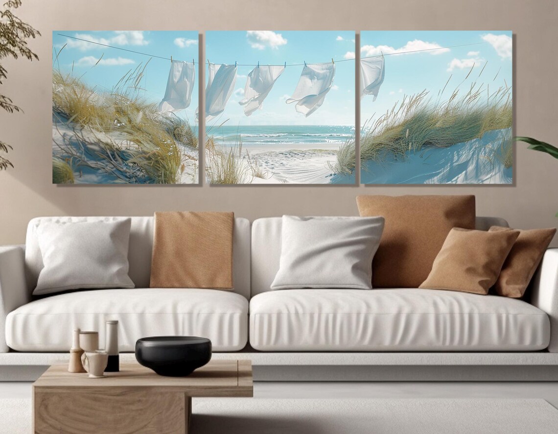 Beach Washline Linen Sheets Dunes Ocean Breeze Coastal Art Poster - Image 4
