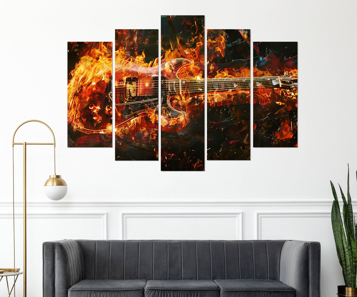 Electric Guitar Engulfed in Flames Fiery Rock Music Painting Dramatic Wall Art Poster - Image 4