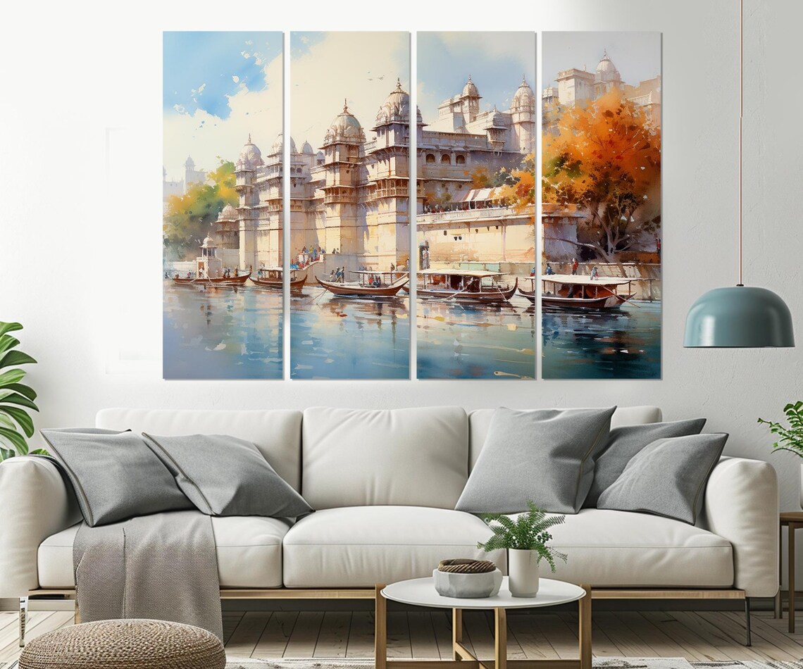 Udaipur City Palace Lake Pichola Boats India Watercolor Travel Poster - Image 2