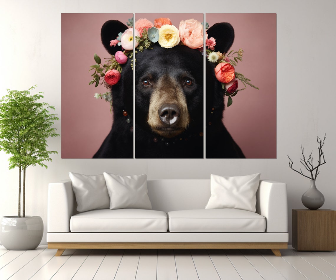 Black Bear Wearing A Floral Crown On A Pink Background Poster - Image 3
