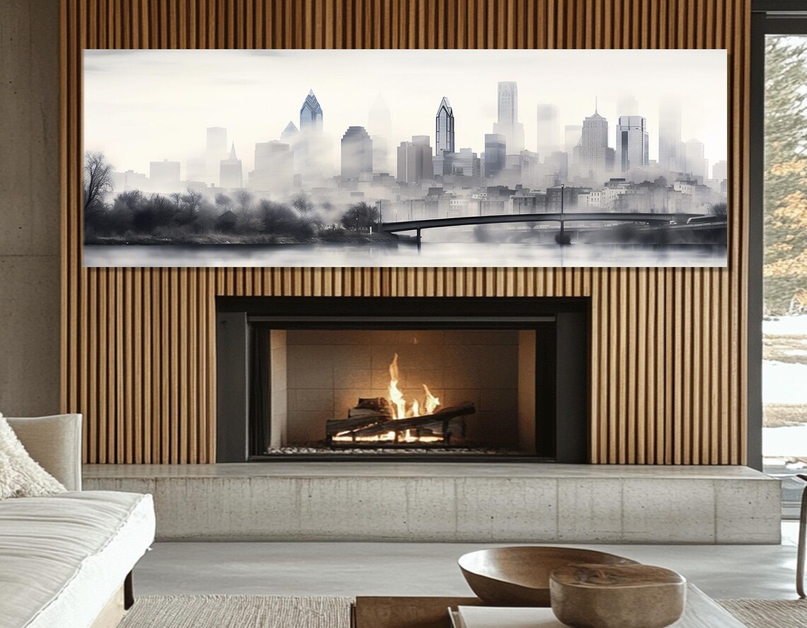 Misty Philadelphia Skyline Foggy Bridge Soft Grey Cityscape Poster - Image 2