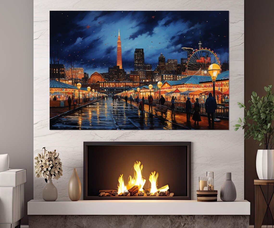 Cleveland Christmas Market Night Ferris Wheel Lights City Poster