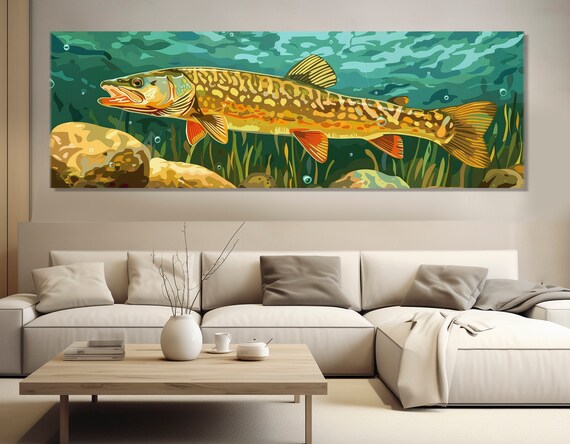 Abstract Pike Print Fishing Wall Art Northern Pike Painting Fisherman Gift Fishing Wall Decor Framed And Ready To Hang