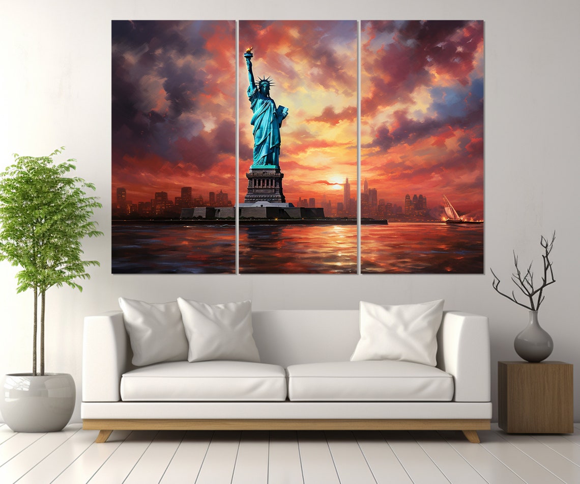 Statue Of Liberty At Fiery Sunset New York Skyline Harbor View Poster - Image 3