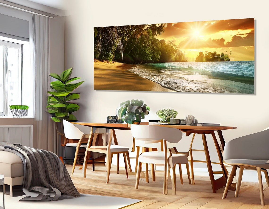 Tropical Beach Golden Sunset Palm Trees Turquoise Ocean Waves Poster - Image 2