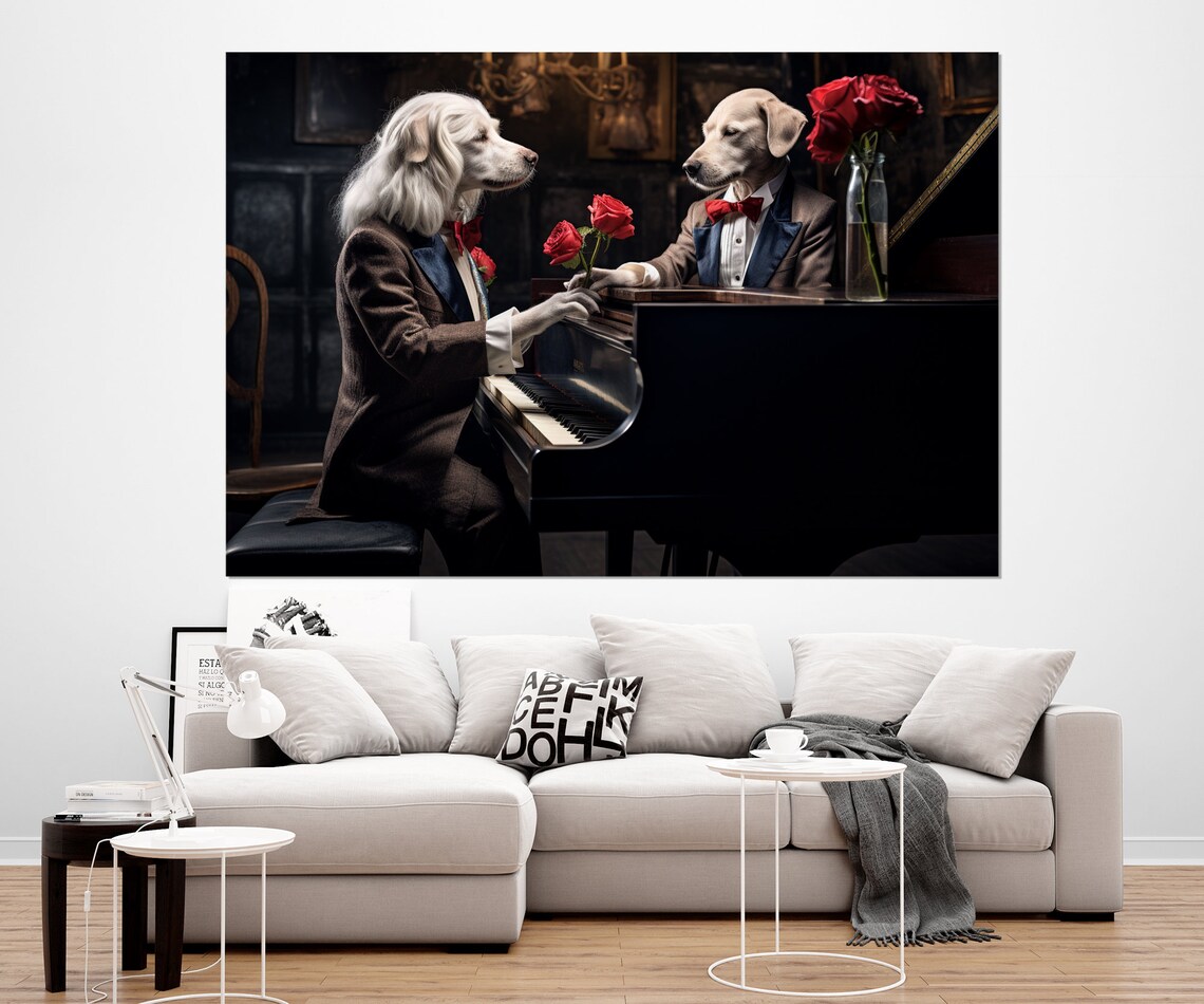 Two Dogs In Tuxedos Playing Grand Piano Roses Vintage Jazz Club Poster