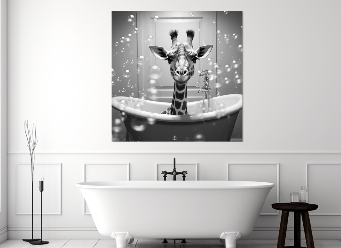 Cute Giraffe In Bubble Bath Black And White Funny Bathroom Wall Art Print - Image 4