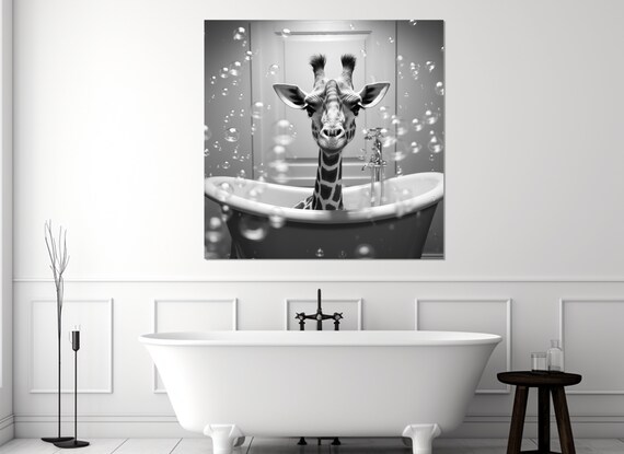 Cute Giraffe in Bathtub Black and White Funny Bathroom Wall Art Poster