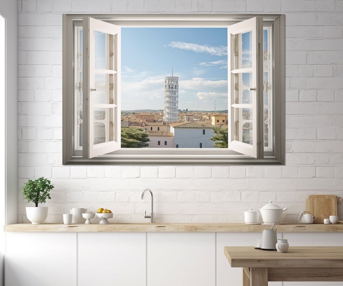 Leaning Tower Of Pisa Open Window Old Town Rooftops View Poster - Image 2