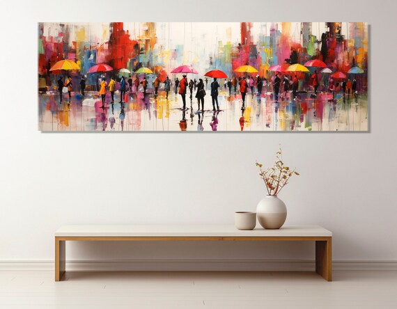 Abstract Rainy City Street Art Print, Umbrellas