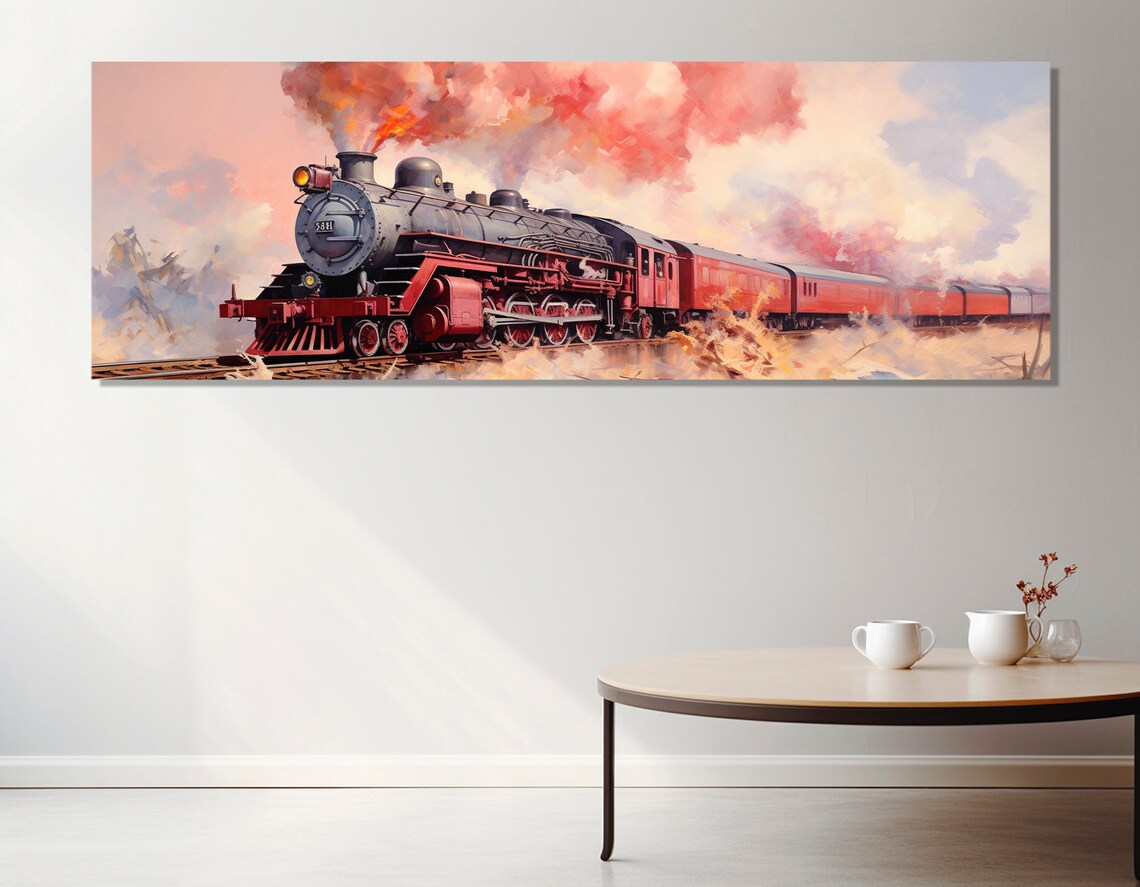 Vintage Red Steam Locomotive Train Speeding Smoke Clouds Art Poster
