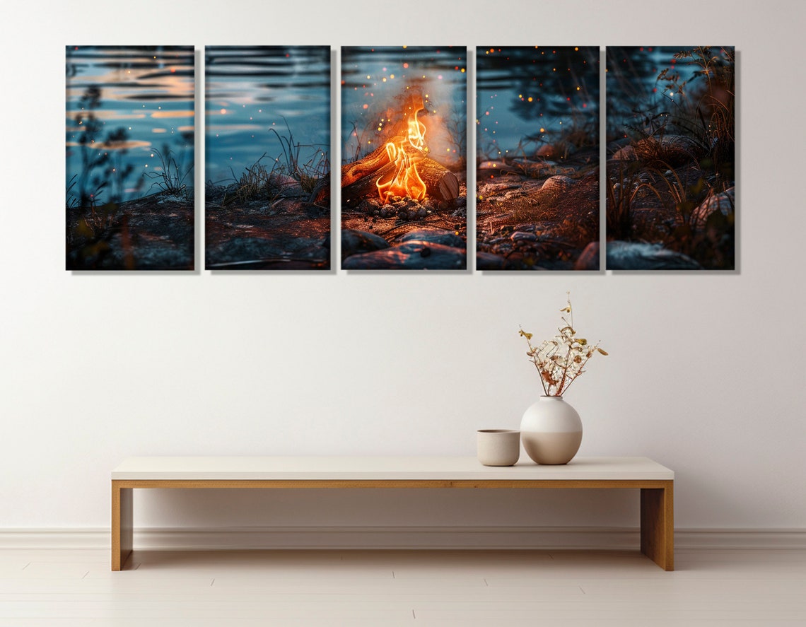 Campfire Bonfire Rocky Lakeshore Dusk Blue Water Sparks Night Poster - Image 3
