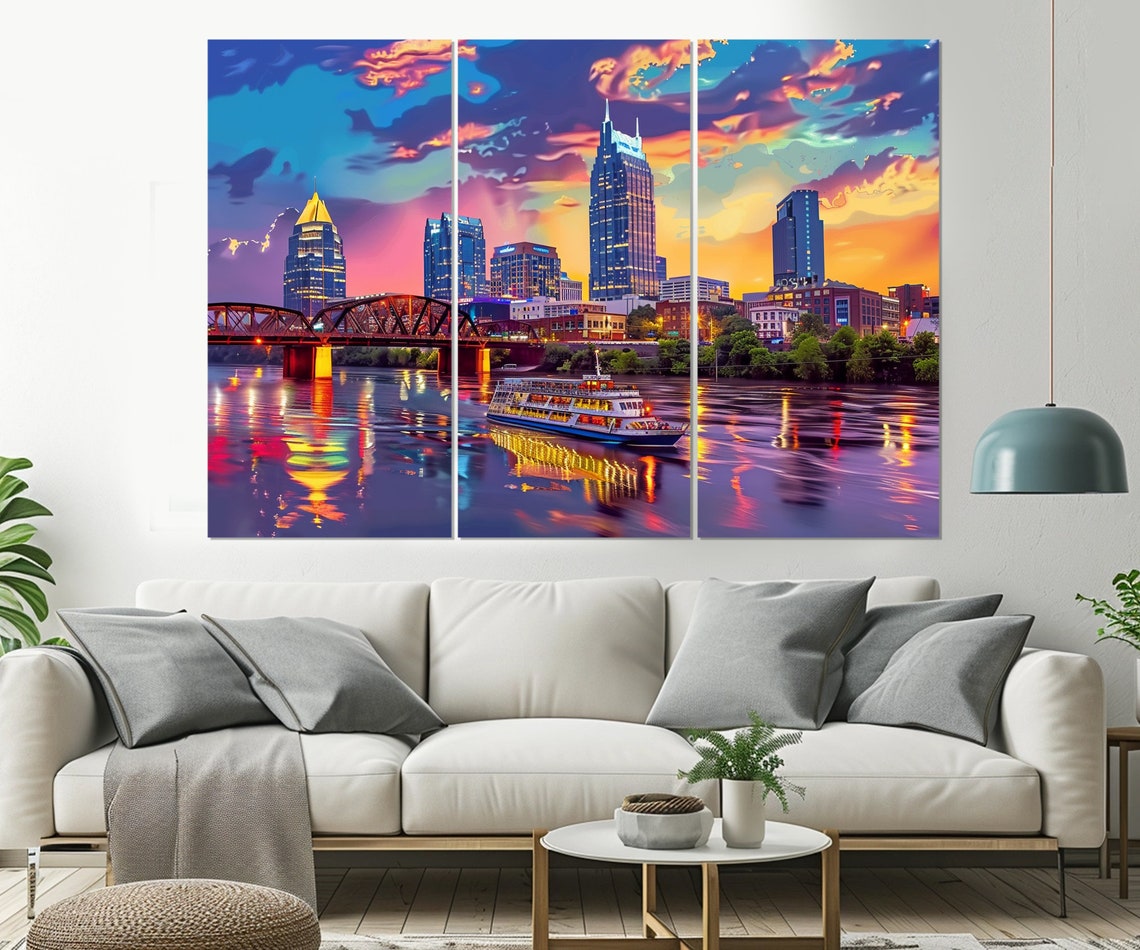 Nashville Skyline Riverboat Sunset Cumberland River City Art Poster - Image 3