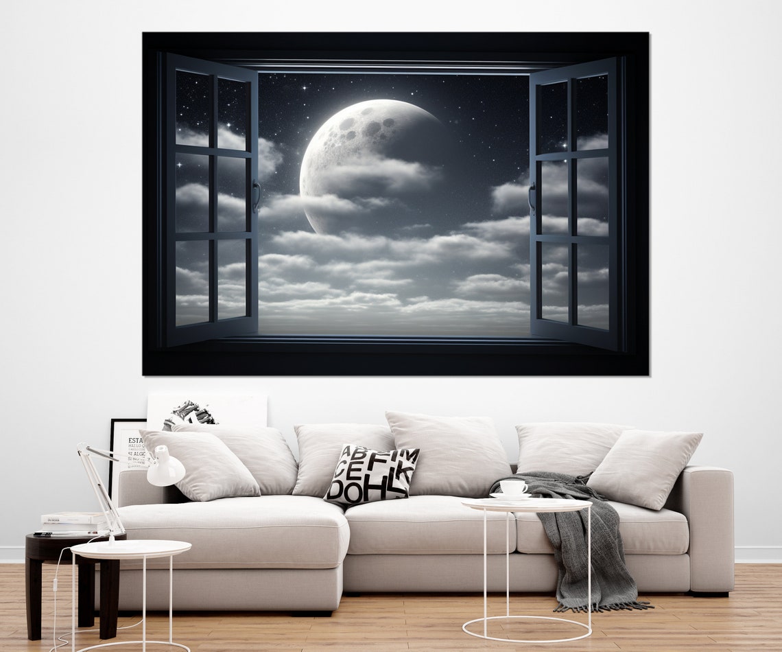 Full Moon Night Sky Clouds Open Window Celestial Dream Wall Poster