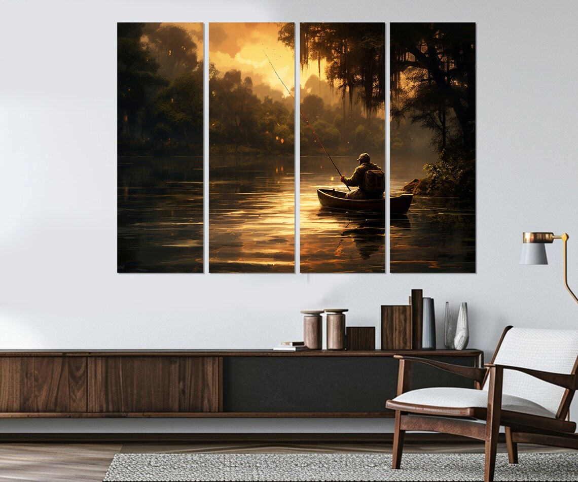 Fisherman In Canoe Misty Lake Golden Sunset Serene Fishing Poster - Image 3