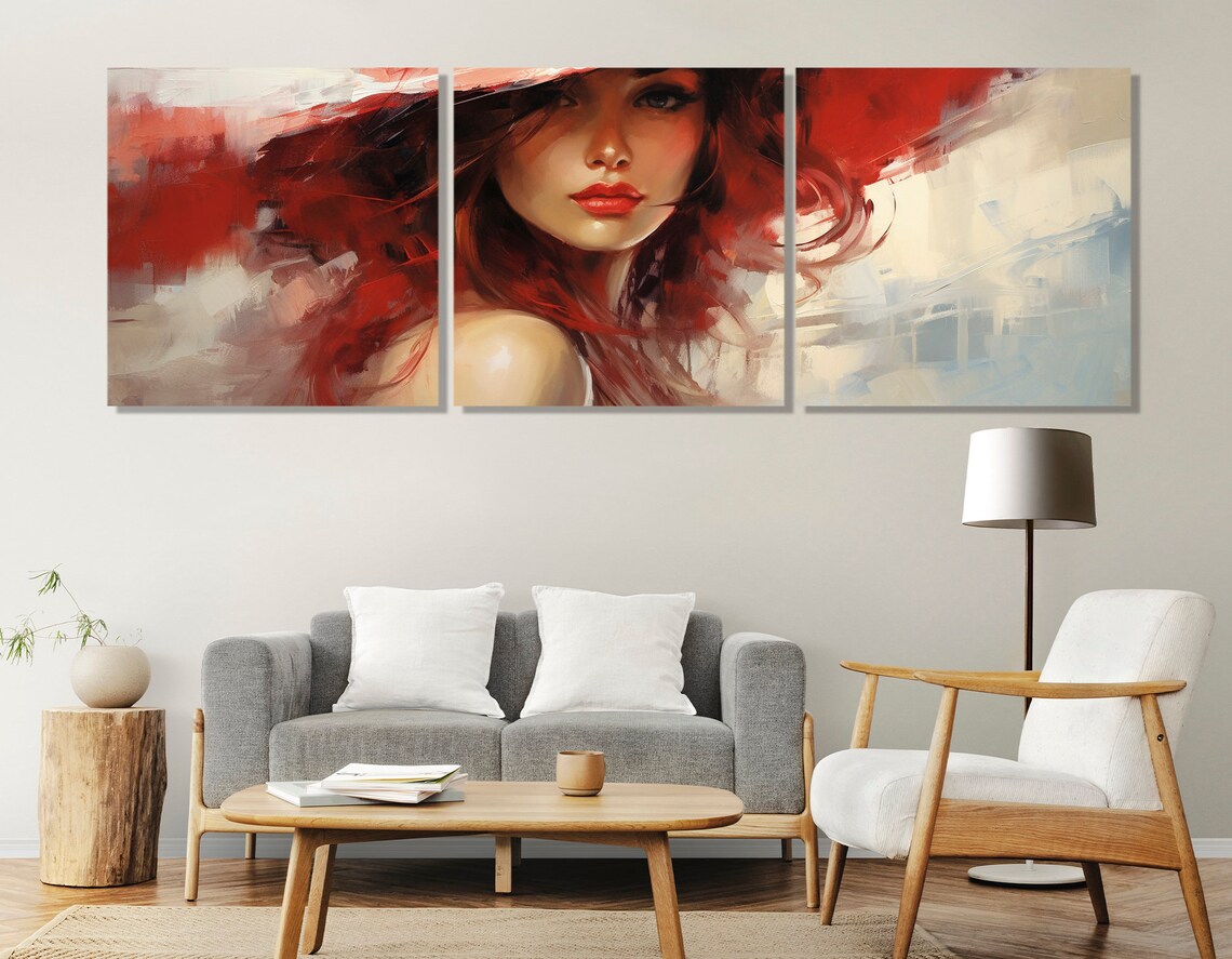 Red Haired Woman Abstract Portrait Red Hat Flowers Fashion Art Poster - Image 4