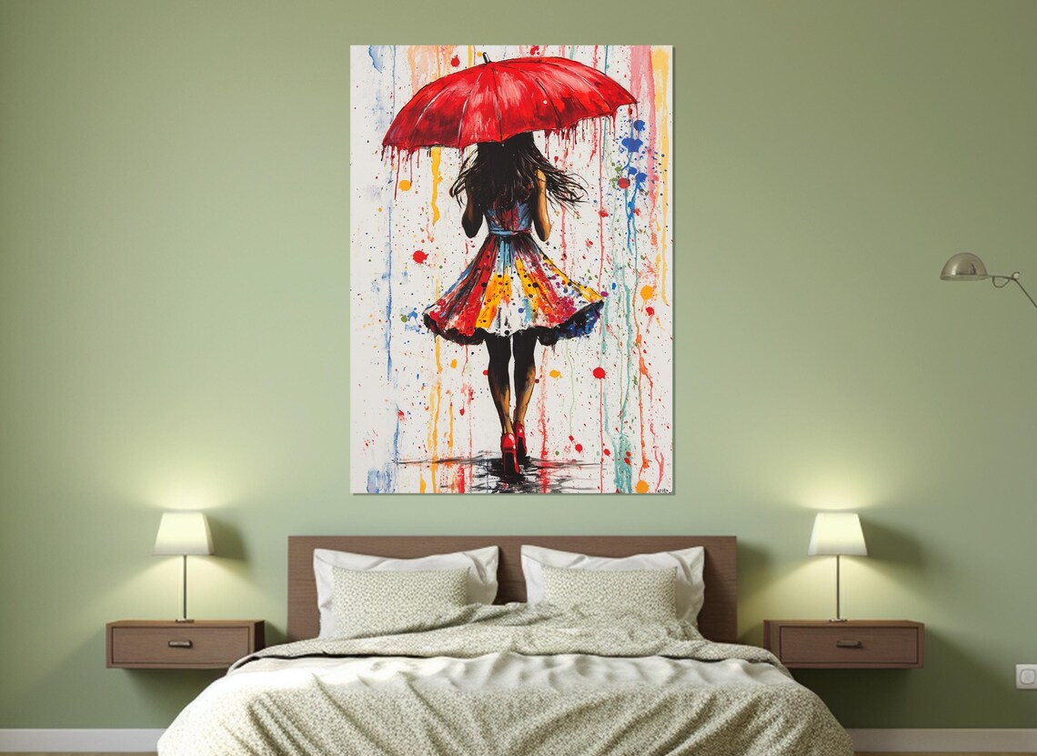 Girl With Red Umbrella Rain Colorful Paint Splatter Street Art Poster - Image 4