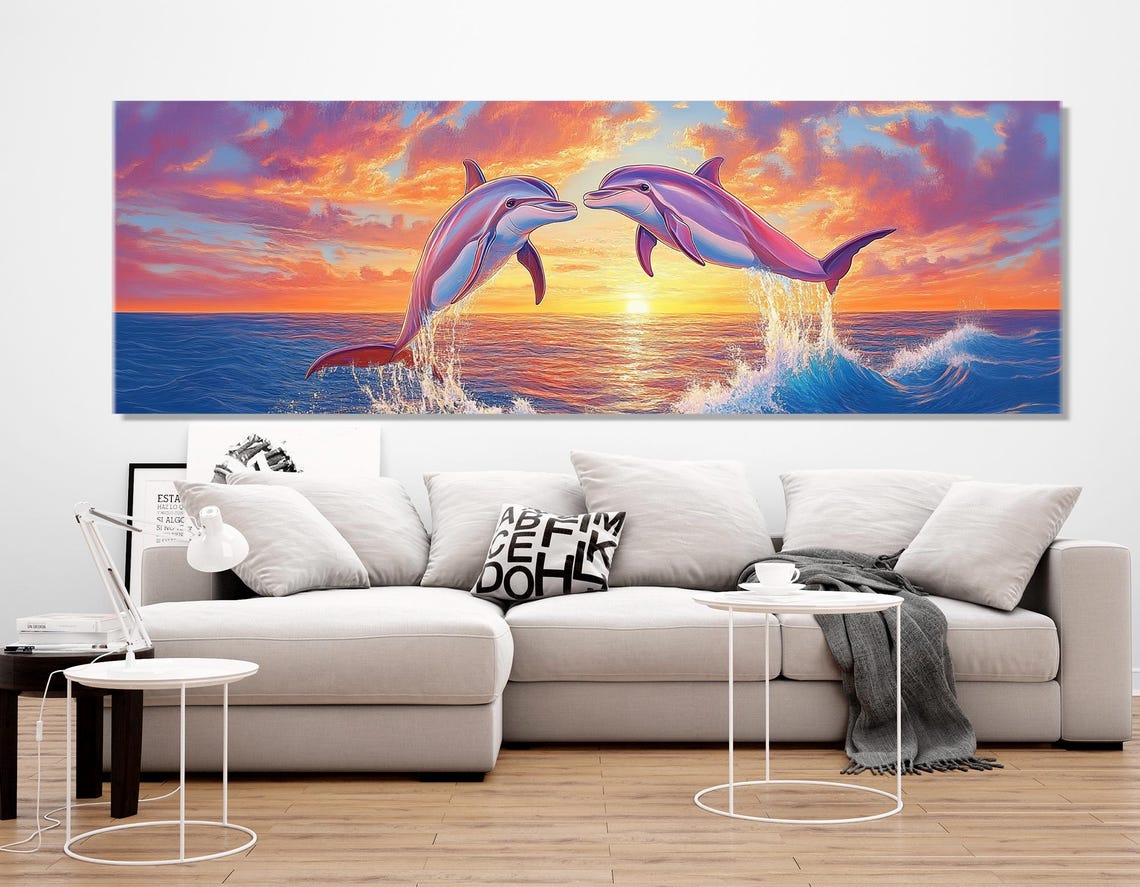 Dolphin Couple Leaping At Sunset Vibrant Ocean Waves Colorful Wall Art - Image 2