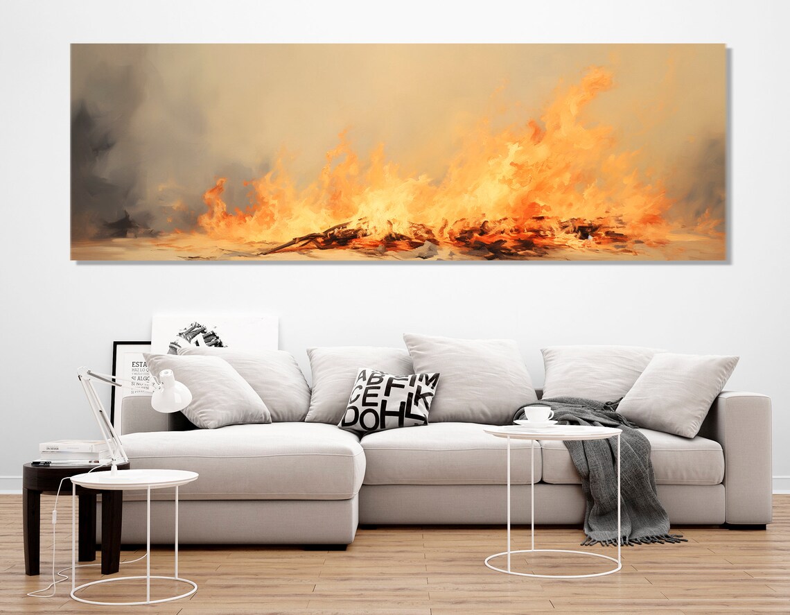 Large Burning Fire Print Panoramic Wall Art Livingroom Decor Housewarming Gift Abstract Fire Painting Framed And Ready To Hang - Image 2