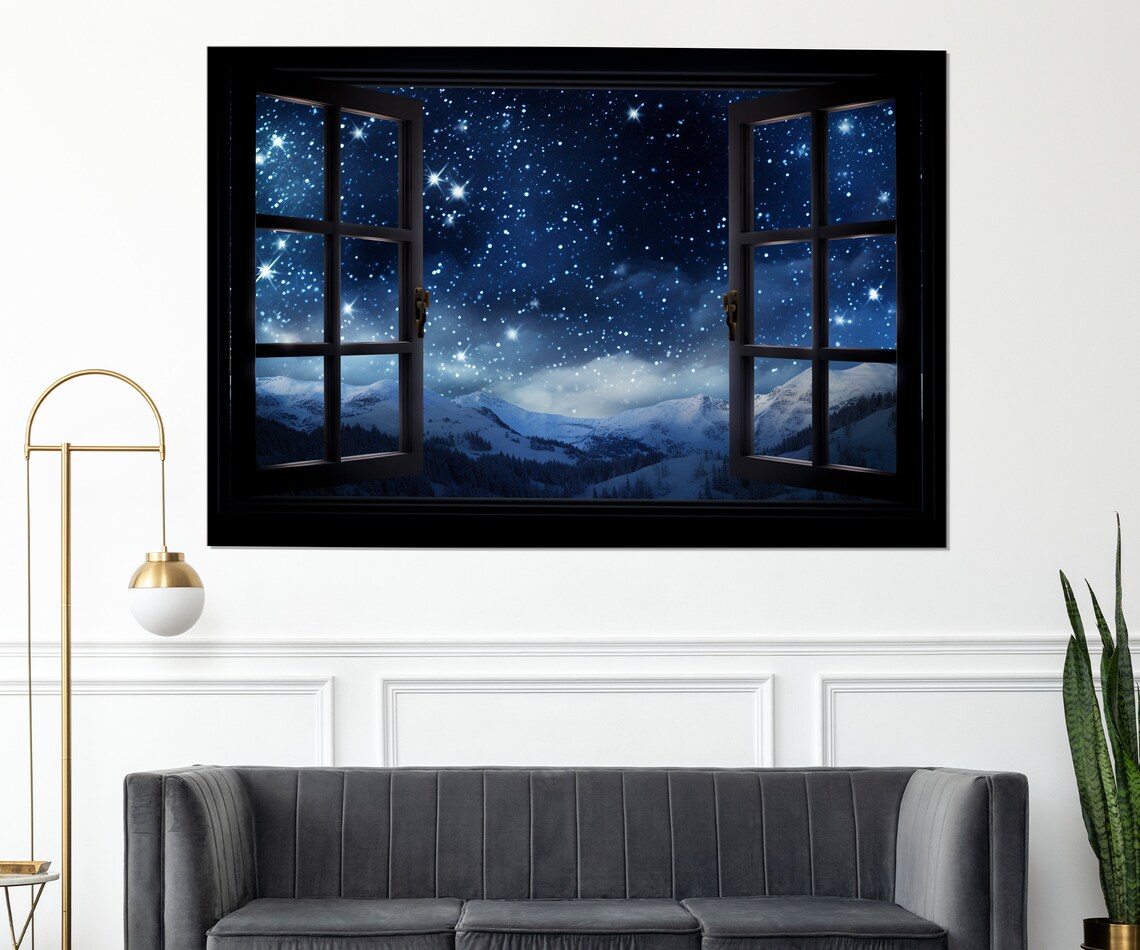 Snowy Mountains Starry Night Sky Open Window Winter Landscape Poster