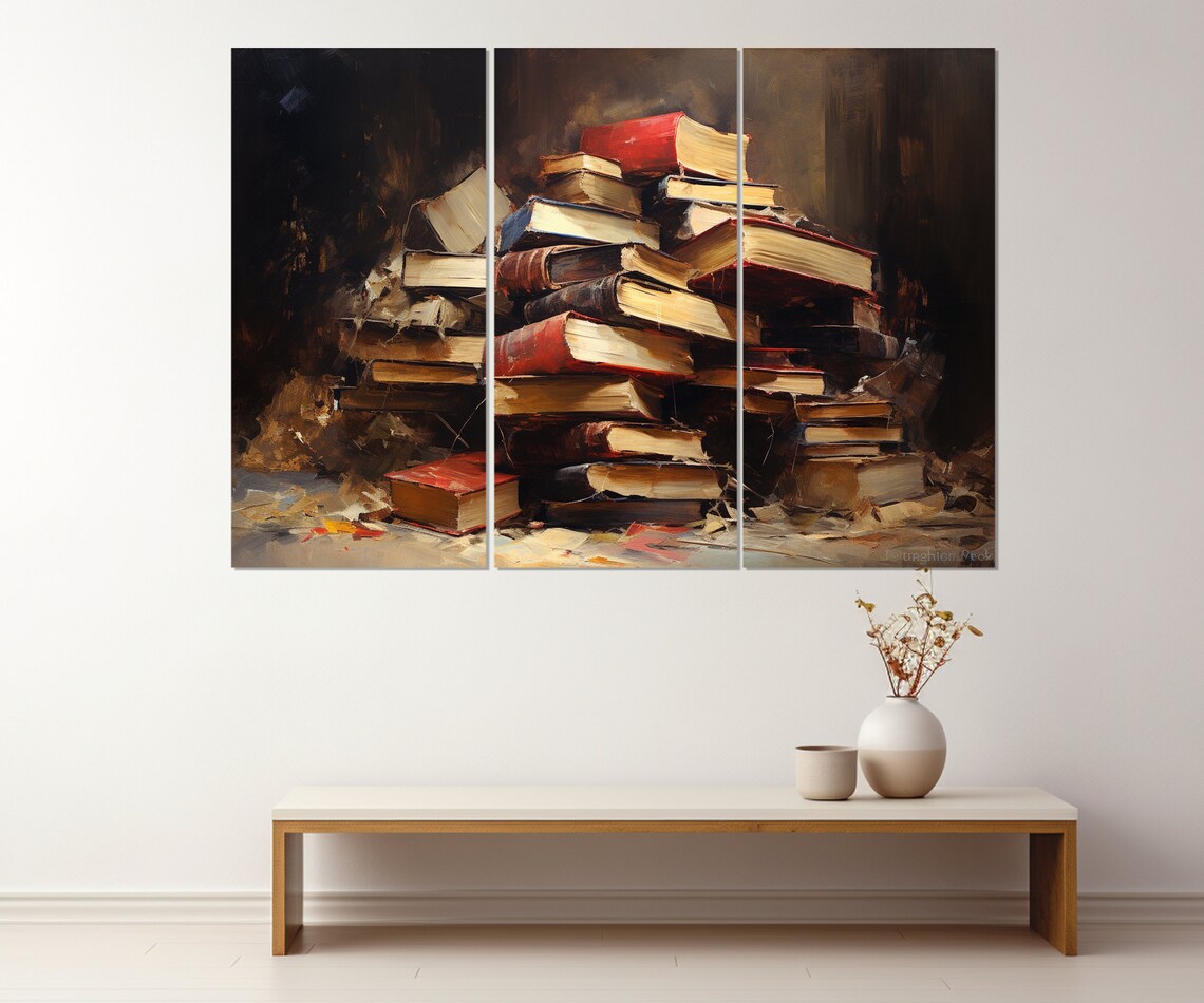 Pile Of Vintage Old Books Oil Painting Reading Library Study Wall Art Poster - Image 2