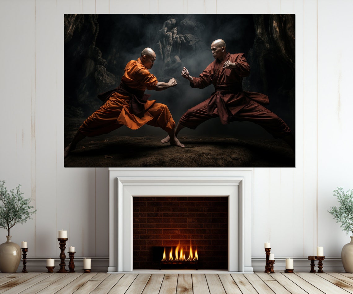 Shaolin Monks Sparring Kung Fu Dark Cave Dramatic Martial Art Poster