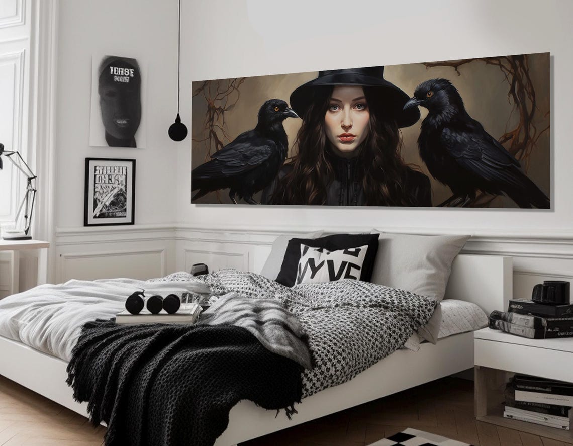 Dark Witch With Two Ravens Portrait Gothic Fantasy Wall Art Poster - Image 3