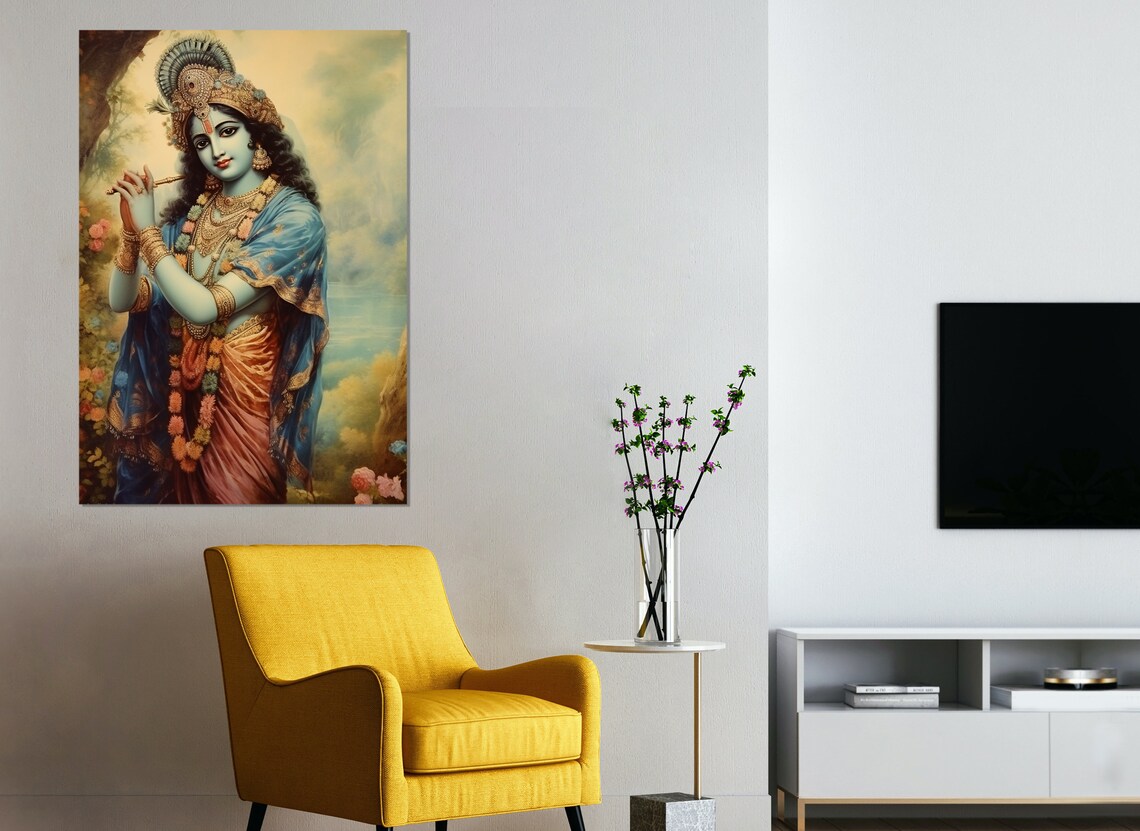 Lord Krishna Playing Flute Peacock Crown Hindu God Wall Art Poster - Image 4