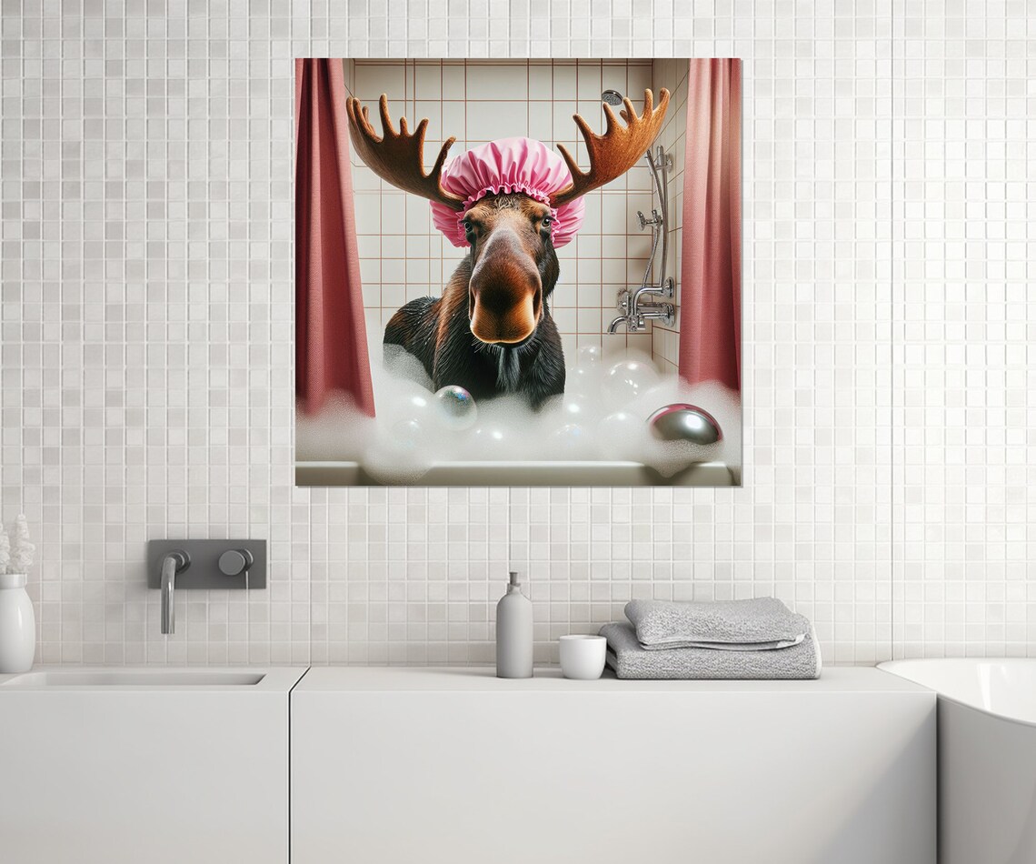 Funny Moose in Pink Shower Cap Bubble Bath Antlers Bathroom Poster - Image 3