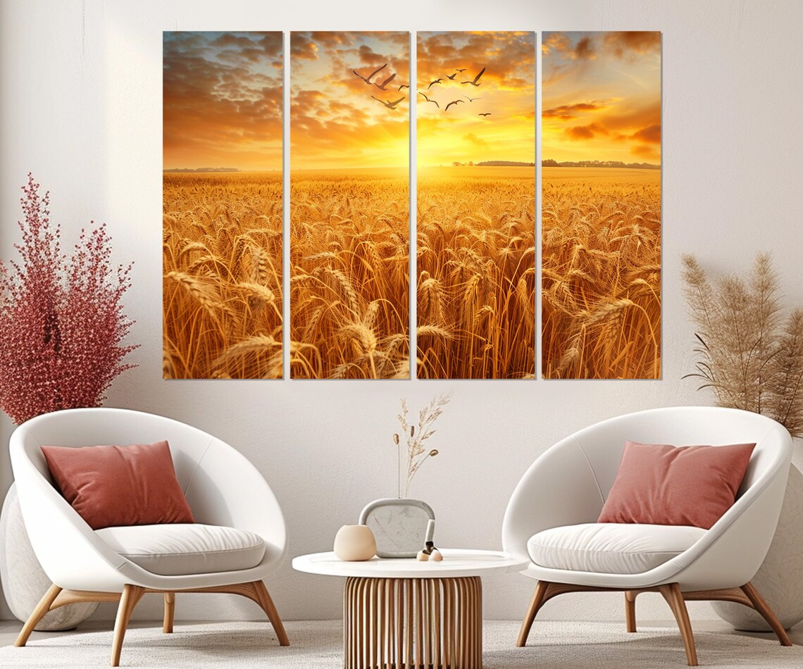 Golden Wheat Field Sunset Birds Farmhouse Harvest Landscape Poster - Image 2