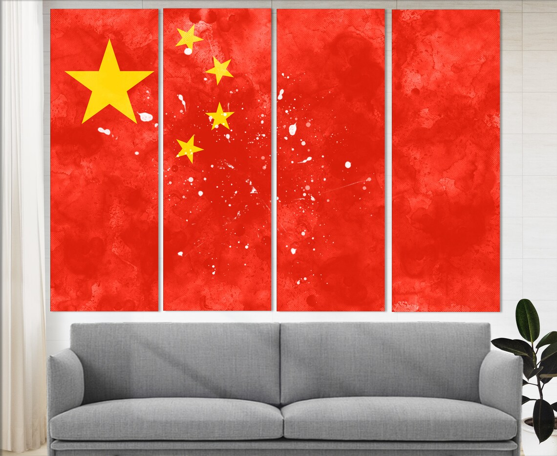 China Flag Watercolor Print Red Gold Patriotic Asian Wall Art Poster - Image 4