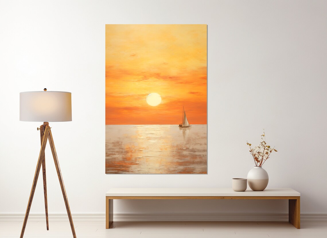 Sailboat Golden Sunset Seascape Calm Ocean Horizon Vertical Art Poster - Image 2