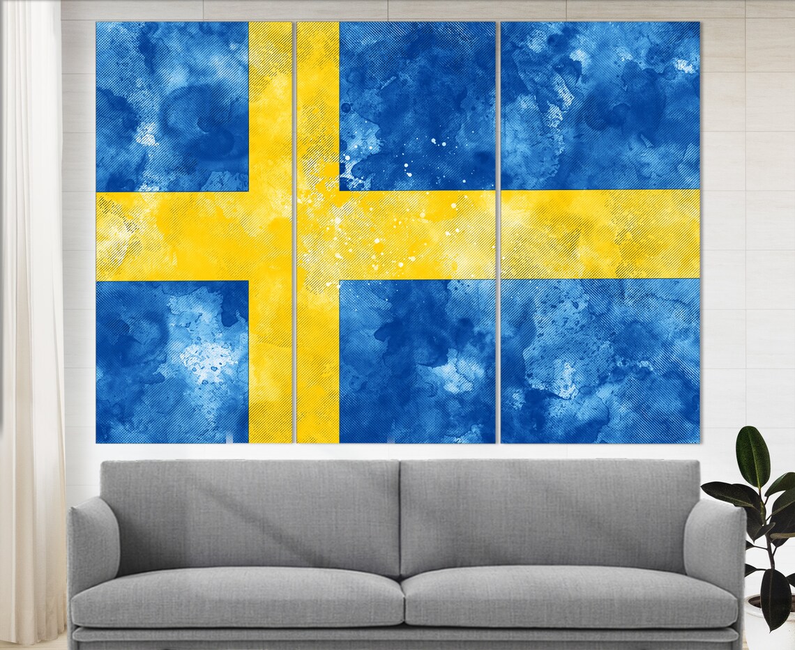 Sweden Flag Grunge Watercolor Yellow Cross Blue Scandinavian Poster - Image 3