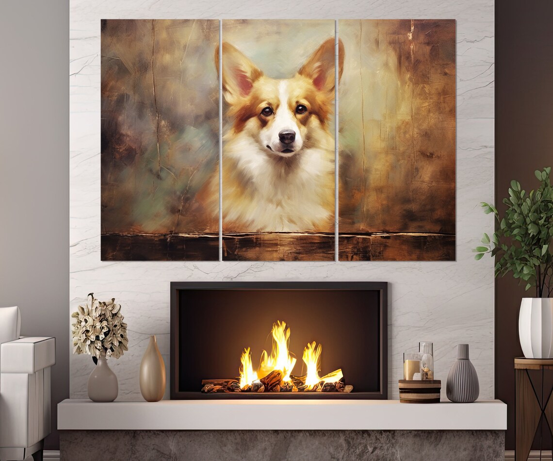 Adorable Corgi Portrait Triptych Warm Tones Cute Dog Lover Art Poster