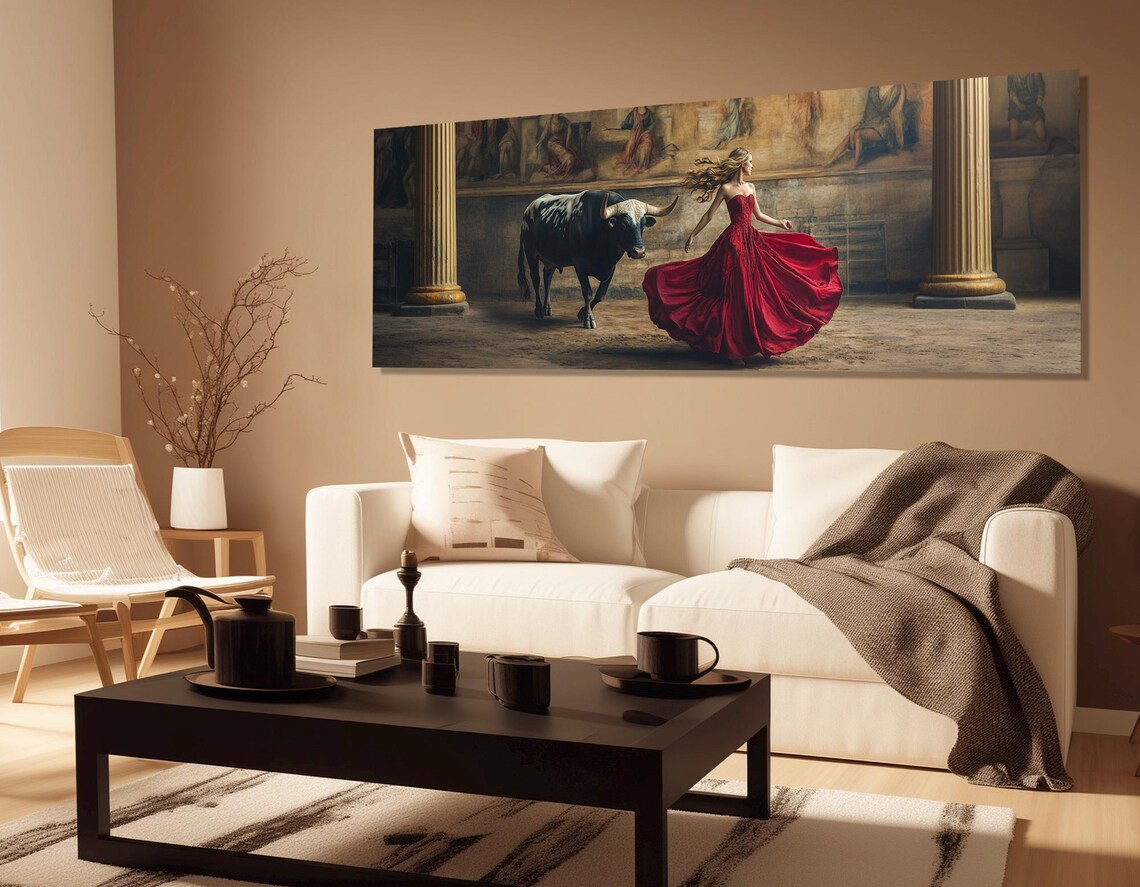 Lady in Red Dress With Bull Spanish Palace Courtyard Dramatic Art Poster - Image 2