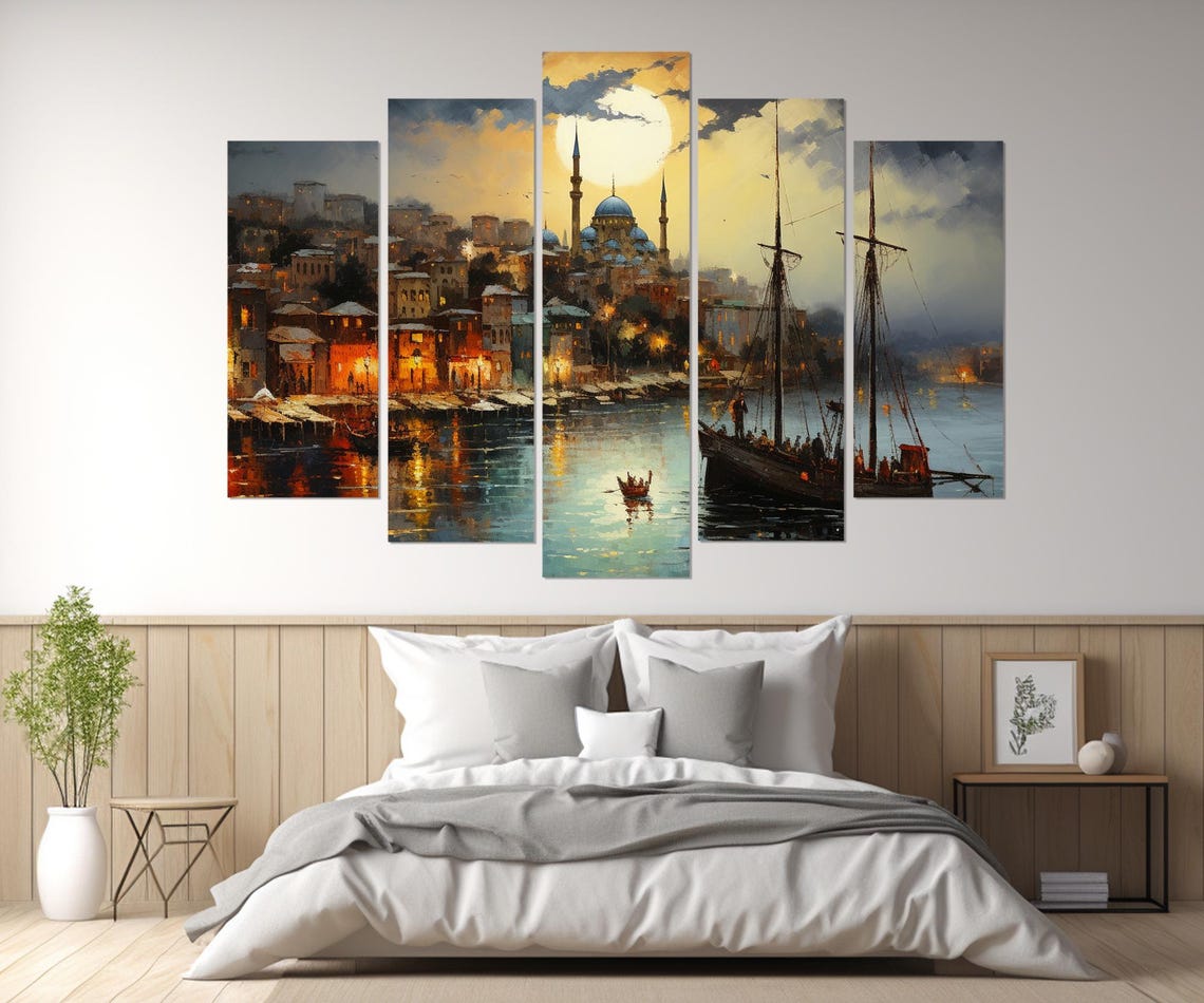 Istanbul Turkey Harbor Mosque Moonlit Old Town Painting Travel Poster - Image 4