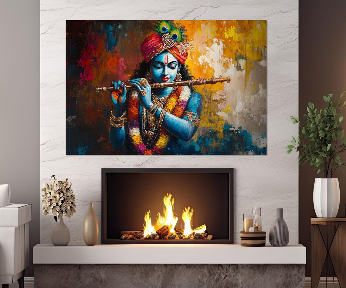 Lord Krishna With Flute, Indian Hindu Art Print