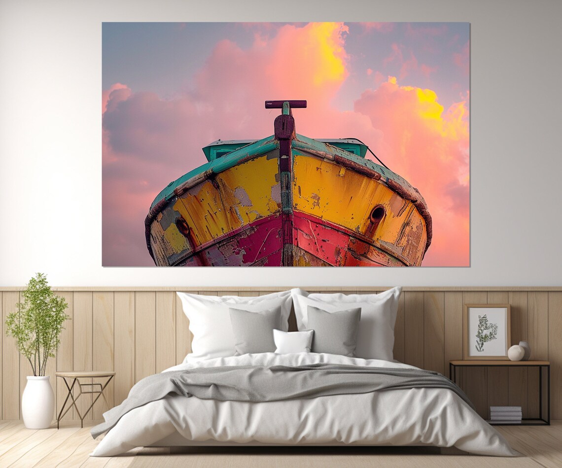 Old Boat Vintage Travel Poster, Fishing Boat Sunset
