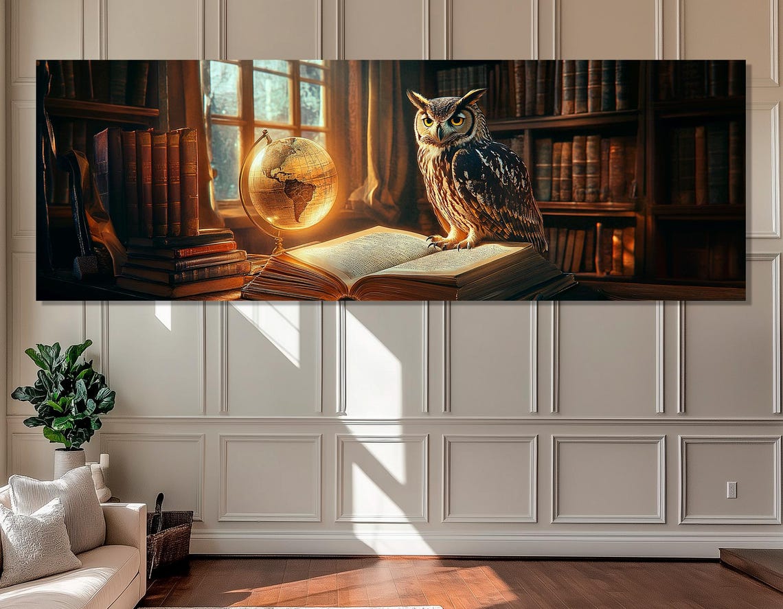 Owl Perched On An Open Book In Vintage Library Print Abstract Studying Wall Art Library Wall Decor Framed And Ready To Hang - Image 2