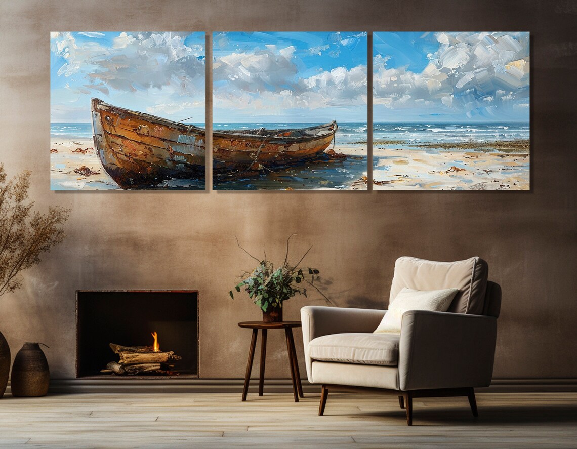 Old Wooden Boat Beached Impressionist Coastal Painting Poster - Image 3