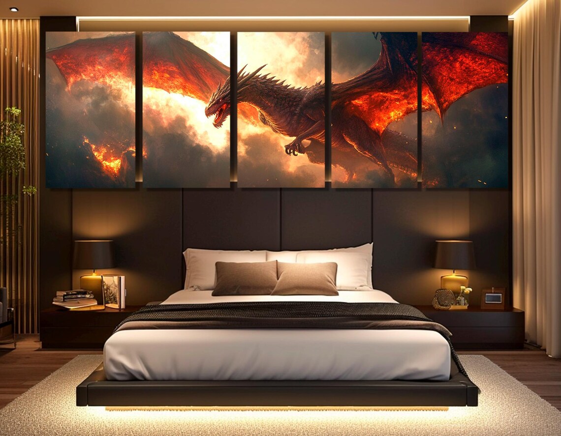 Majestic Red Fire Dragon Soaring Through Flames Fantasy Painting Poster - Image 2