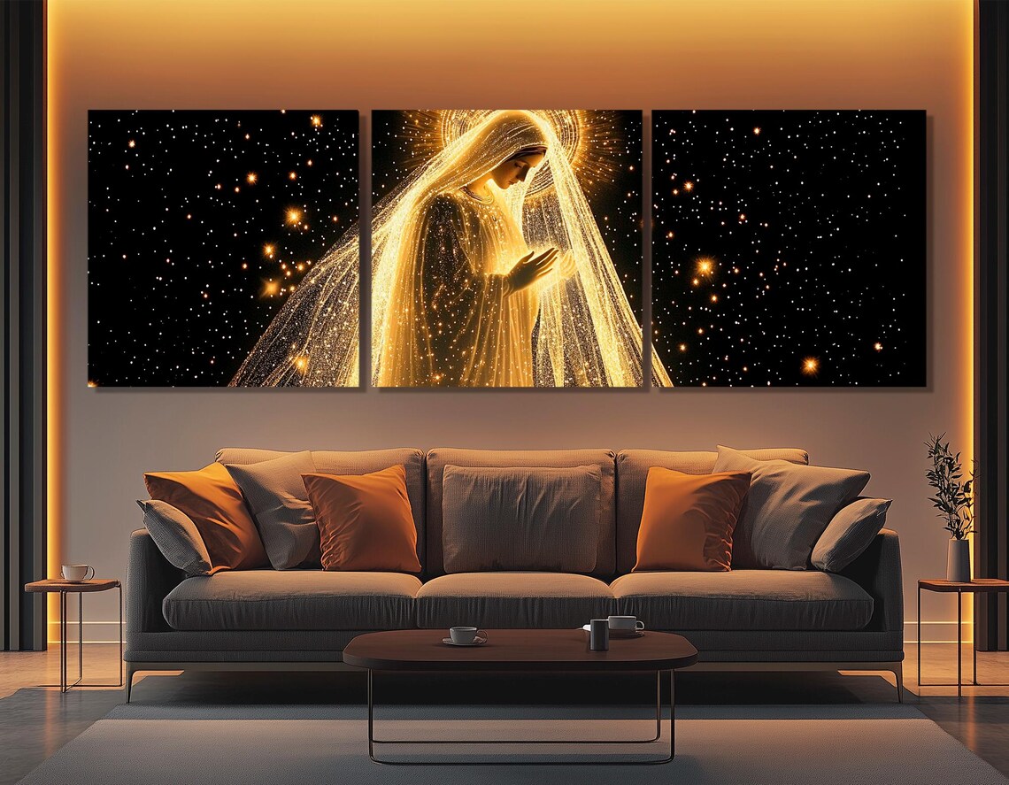 Virgin Mary Golden Veil Starry Night Glowing Religious Wall Art Print - Image 4